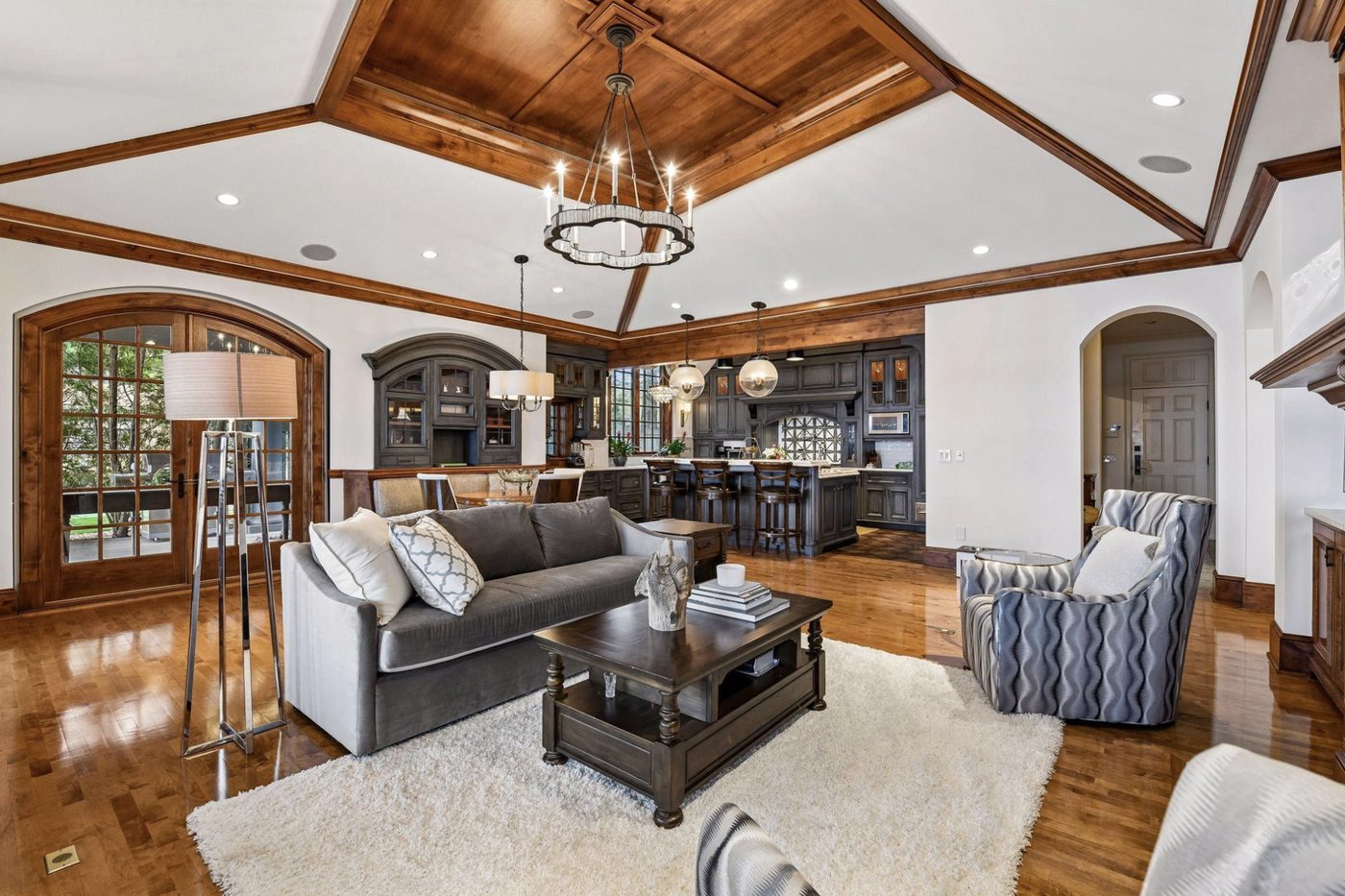 Family room and kitchen, edited for circulation and scale