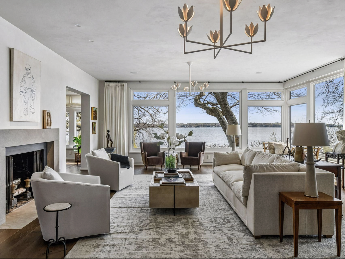 Staged living room with lake views, Lake Minnetonka